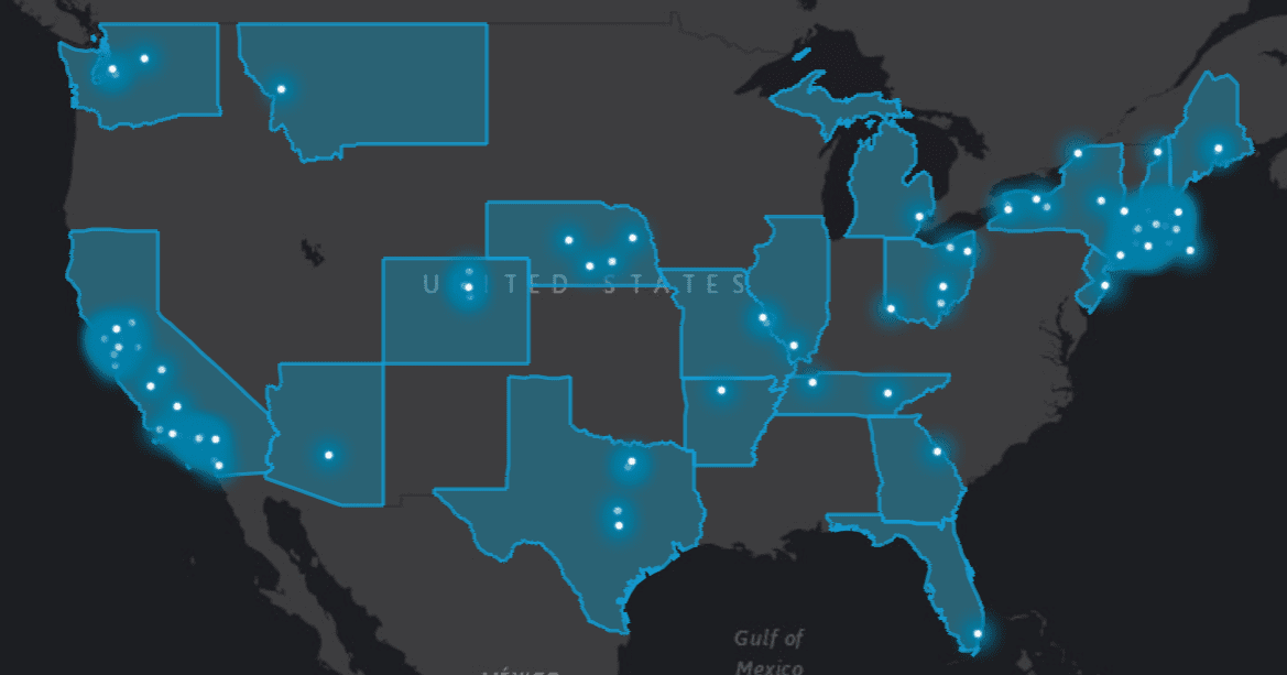 A nationwide map of street light projects where Tanko Lighting has helped cities and towns convert streetlights to LED, maintain streetlights, conduct streetlight field audits, or buy streetlights from utilities